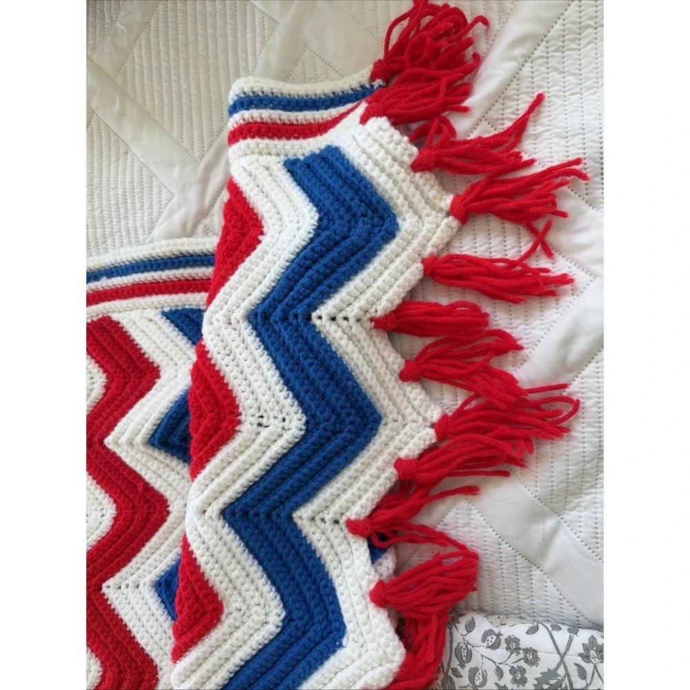 vintage hand crocheted Red White Blue Throw Blanket 39in‎ W X 72 in L GWB002